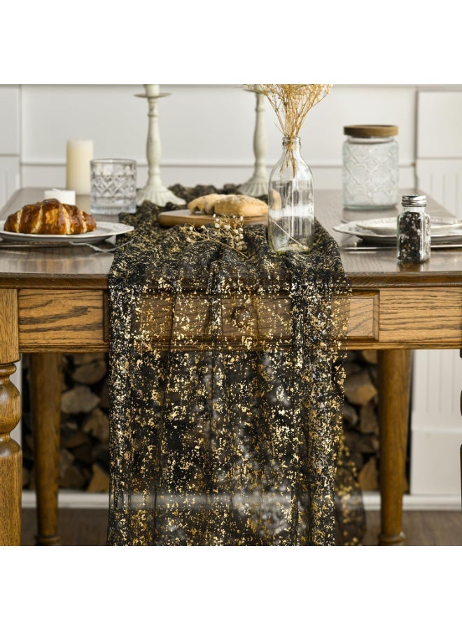 مفرش طاولة من الشاش الاسود والذهبي مقاس 70cm*300cm قدم، مصنوع من رقائق معدنية لامعة شفافة لتناول الطعام وحفلات الزفاف والذكرى السنوية والعطلات واعياد الميلاد وديكور طاولة للمنزل - Image 2